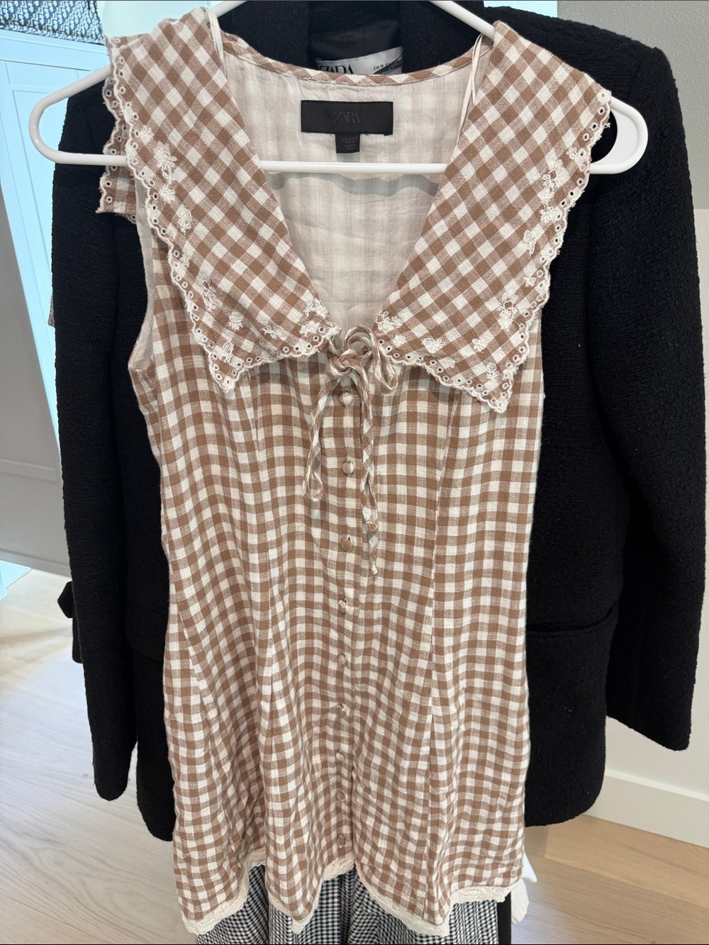 Zara Brown and White Gingham Lace-Trim Tie-Front Tank